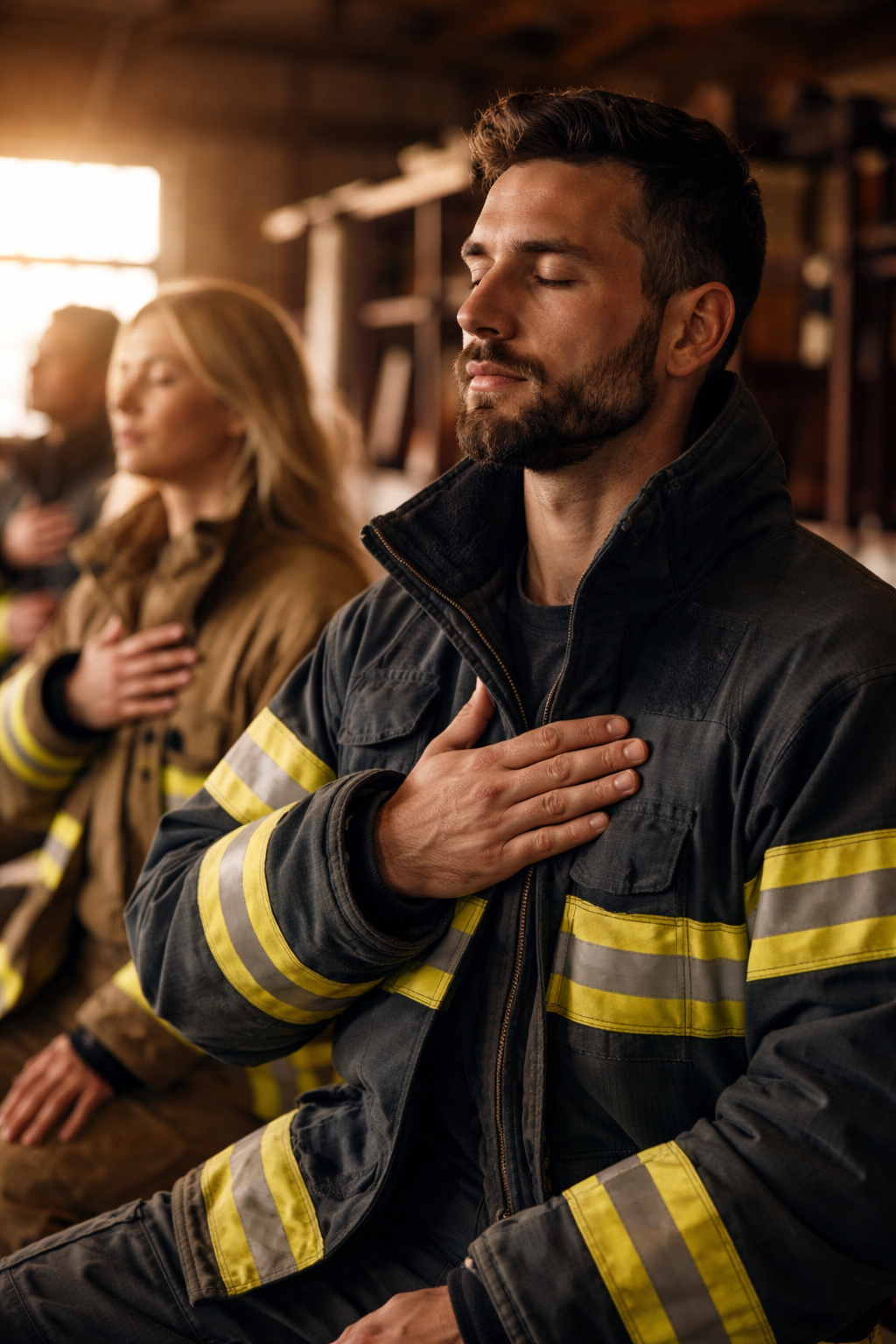 First responders practicing breathwork — hand on heart